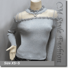 Chic Sexy Sheer Upper Lace Trim Blouse Top Gray