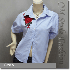 Chic Stripey Floral Applique Blouse Shirt Top Blue White
