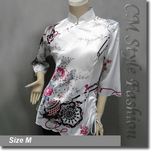 Chinese Cheongsam Qipao Floral Satin Tunic Top White