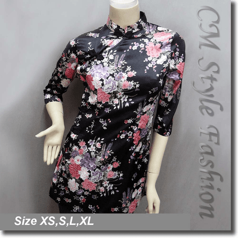 Chinese Cheongsam Qipao Style Floral Satin Tunic Top Black
