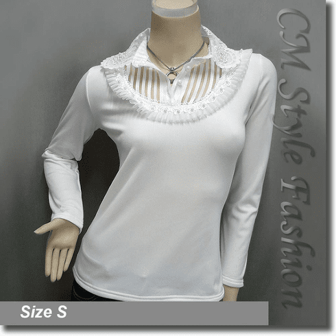 Classy Lace Trimmed Ruffled Applique Beaded Blouse Top Off White