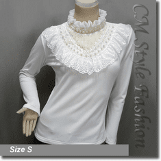 Classy Mock Neck Lace Trimmed Ruffled Applique Beaded Blouse Top Off White