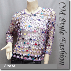 Colorful Spider Web Beaded Crochet Knitted Net Blouse Top Purple