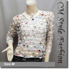 Colorful Spider Web Beaded Crochet Knitted Net Blouse Top White