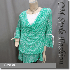 Cowl Neck Lace Floral Print Flutter Sleeve Boho Top Green