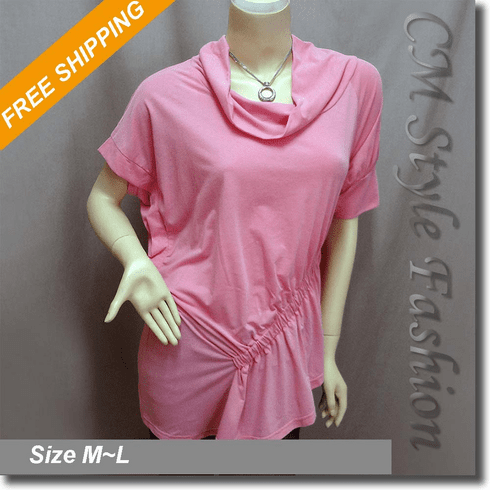 Cowl Neck Ruched Asymmetric Tunic Top Pink