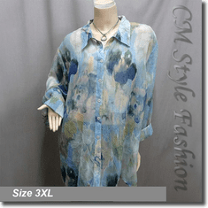 Crinkle Artistic Print Blouse Shirt Top Blue Tone