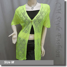 Crochet Eyelet Knit Long Cardigan Sweater Lime Green