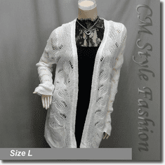 Crochet Eyelet Knit Pockets Long Cardigan Sweater Top Off White