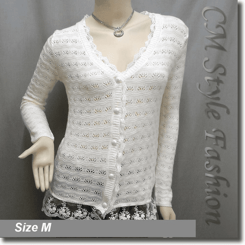 Crochet Eyelet Lace Trimmed Button Down Knit Cardigan Blouse Top Beige