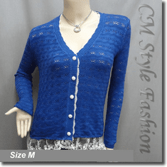 Crochet Eyelet Lace Trimmed Button Down Knit Cardigan Blouse Top Blue