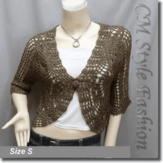 Crochet Eyelet Scallop Bolero Cardi Top Brown