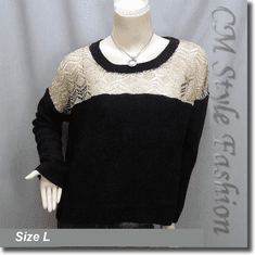 Crochet Knit Eyelet Drop Shoulder Sweater Top Golden Black