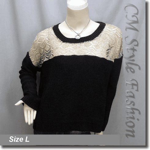 Crochet Knit Eyelet Drop Shoulder Sweater Top Golden Black