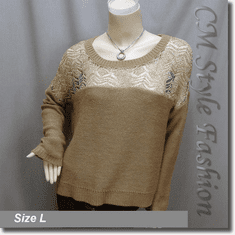 Crochet Knit Eyelet Drop Shoulder Sweater Top Golden Khaki Brown