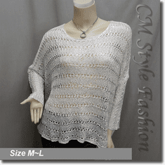Crochet Knit Eyelet Loose Sequin Sweater Top Off White