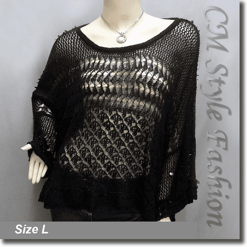 Crochet Knit Eyelet Sequined Beaded Boxy Sweater Top Black