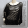 Crochet Knit Eyelet Sequined Beaded Boxy Sweater Top Black