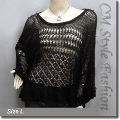 Crochet Knit Eyelet Sequined Beaded Boxy Sweater Top Black