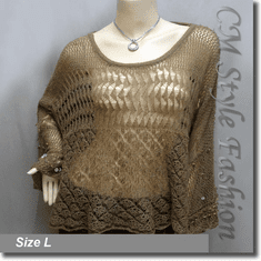 Crochet Knit Eyelet Sequined Beaded Boxy Sweater Top Brown