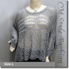 Crochet Knit Eyelet Sequined Beaded Boxy Sweater Top Gray