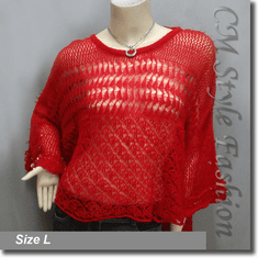 Crochet Knit Eyelet Sequined Beaded Boxy Sweater Top Red