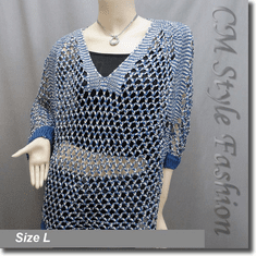 Crochet Knit Golden Threads Batwing Net Sweater Top Blue Cream