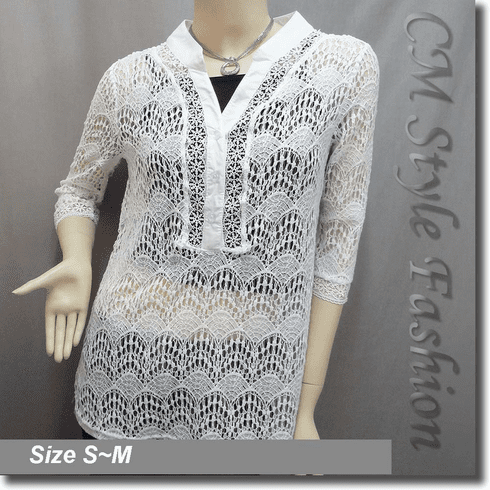 Crochet Lace Kaftan Shirt Layering Tunic Top Off White
