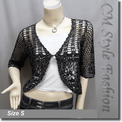 Crochet Silvery Thread Beaded Bolero Top Black