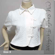 Cropped Boho Shirt Top Embossed Floral Chic Oriental Chinese Creamy White