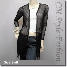 Diaphanous Sheer Cardigan Top Fringed Hem Loose Black