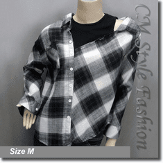 Dual Layered Asymmetric Plaids Checks Tartan Sweater Top Black White Gray