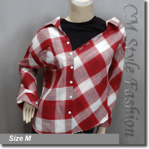 Dual Layered Asymmetric Plaids Checks Tartan Sweater Top Red White