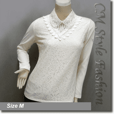 Dual Layered Beaded Sequined Collar Lace Blouse Top Beige