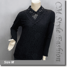 Dual Layered Beaded Sequined Collar Lace Blouse Top Black