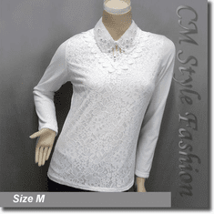 Dual Layered Beaded Sequined Collar Lace Blouse Top White