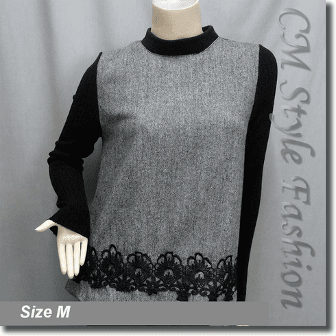 Duo Tone Crochet Trimmed Boho Blouse Top Black Gray