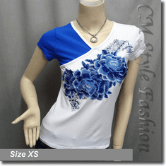 Duo Tone Floral Embroidery Tee Blouse Top Blue White