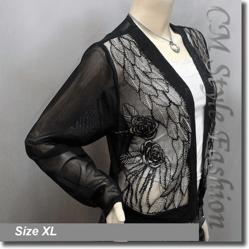 Elegant Beaded Embroidered Evening Bolero Shrug Top Black