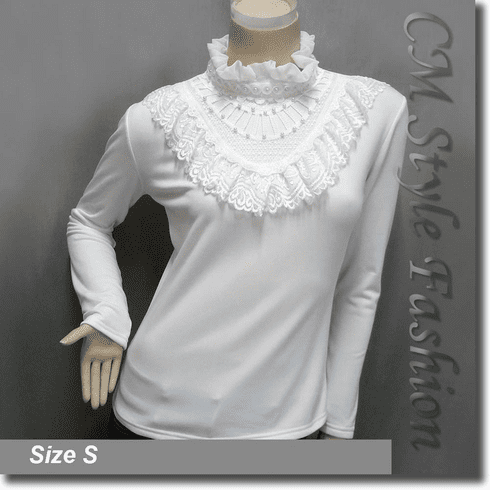 Elegant Mock Neck Lace Trimmed Ruffled Applique Beaded Blouse Top Off White