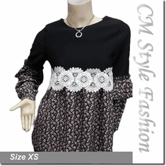 Empire Patchwork Floral Smock Tunic Top Black