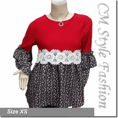 Empire Patchwork Floral Smock Tunic Top Red