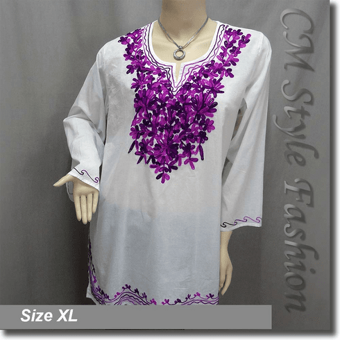 Ethnic Embroidery Bohemian Kaftan Tunic Top White Purple