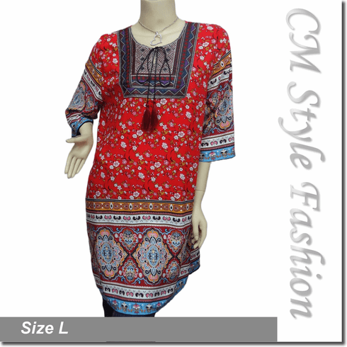 Ethnic Embroidery Floral Kaftan Tunic Dress Top Red