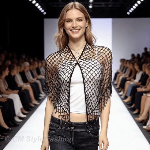 Exotic Crochet Net Triangular Shawl Wrap Shawl Scarf Black w Multicolored Beads