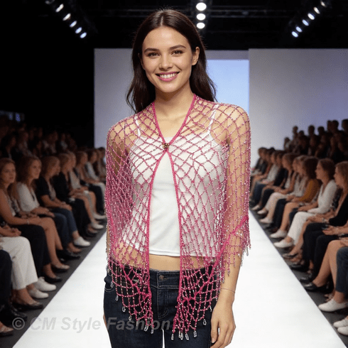 Exotic Crochet Net Triangular Shawl Wrap Shawl Scarf Hot Pink w Silvery Beads