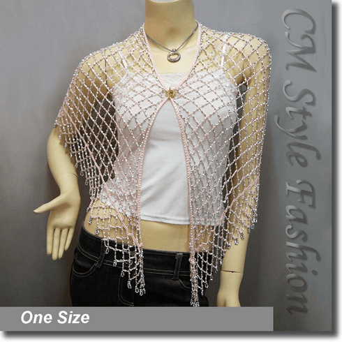 Exotic Crochet Net Triangular Shawl Wrap Shawl Scarf Pink w Silvery Beads 