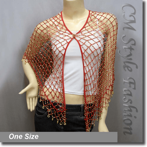 Exotic Crochet Net Triangular Shawl Wrap Shawl Scarf Red w Golden Beads