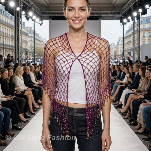Exotic Crochet Net Triangular Shawl Wrap Shawl Scarf w Beads Purple Golden