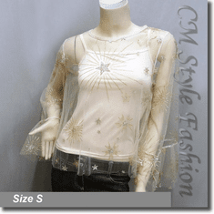 Fantasy Glittering Stars Flying House Sheer Blouse Top Beige